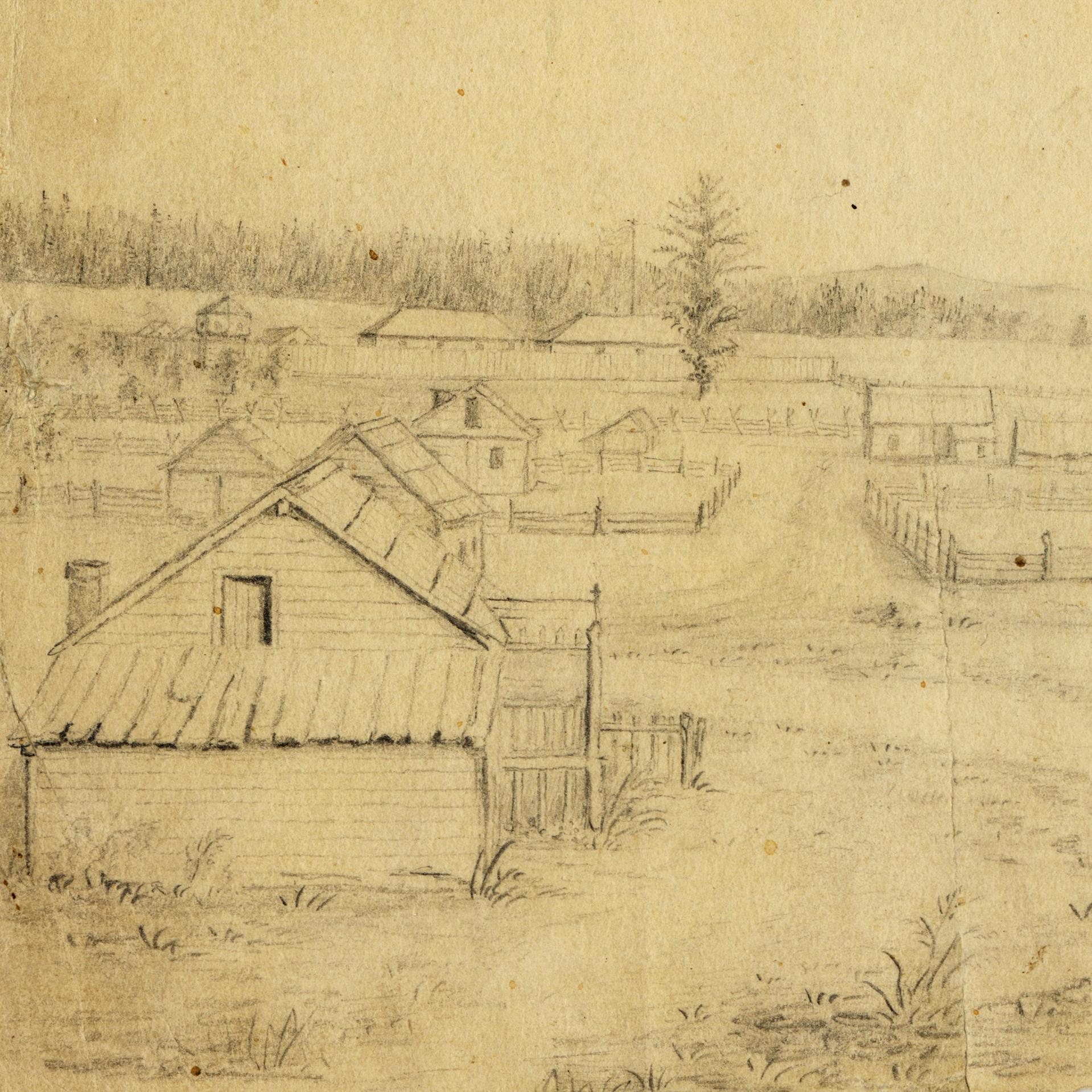 Historic drawing of the Fort Vancouver Village