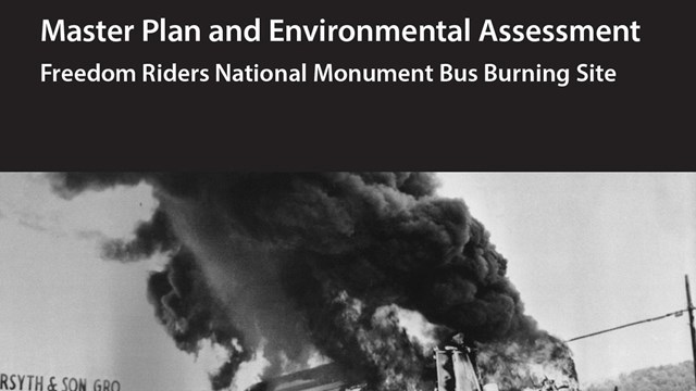 The words Master Plan and Environmental Assessment over an image of a burning Greyhound bus.