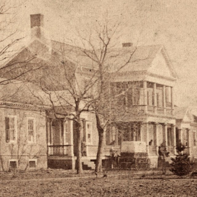 A historical photo of Chatham Manor during the Civil War with bare landscaping.