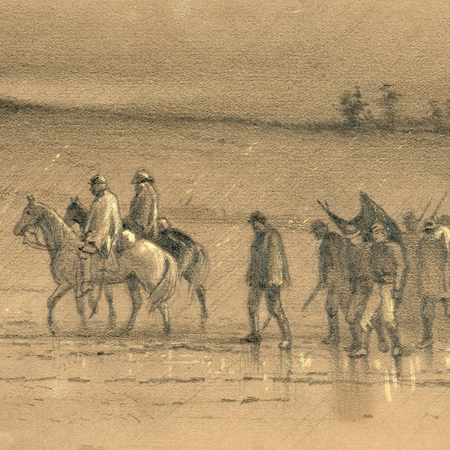 Sketch of Civil War soldiers marching in downpour.