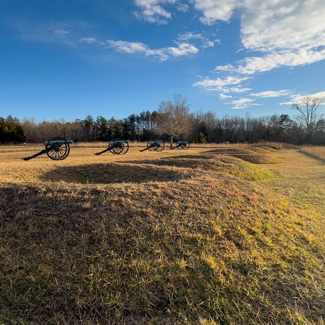 Earthworks on a battlefield in front of cannons.