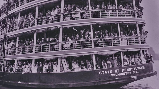 Ferry filled with people watching the Tercentenary celebration at Fort Christina in 1938