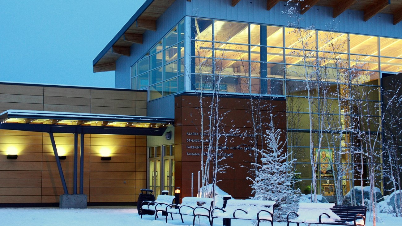 A visitor center during the winter. 