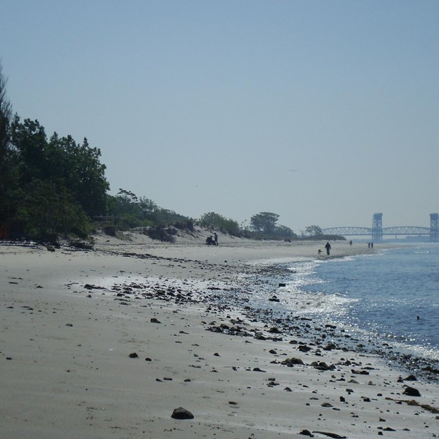 View of beach and shoreline at Plumb Beach with bridge in the background