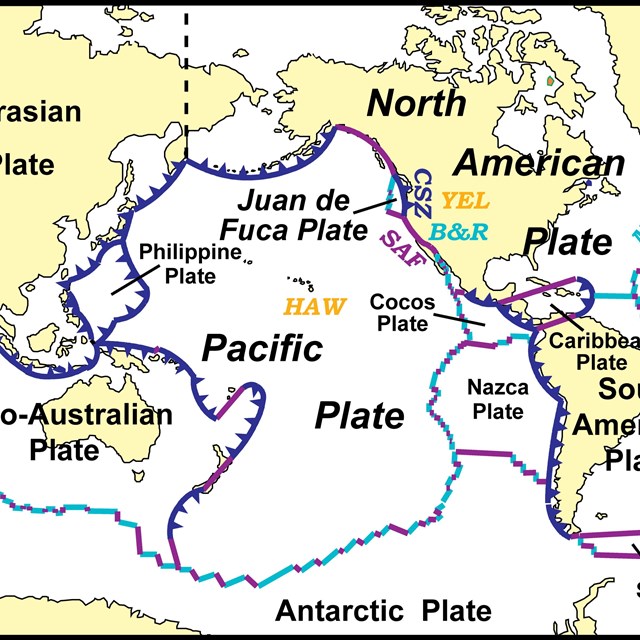 map of the world with oceans, continents, and tectonic plate boundaries
