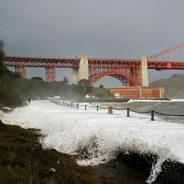  storm waves flood trail by golden gate bridge