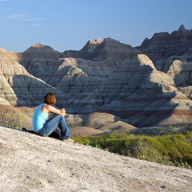 person seated looking toward eroded badlands