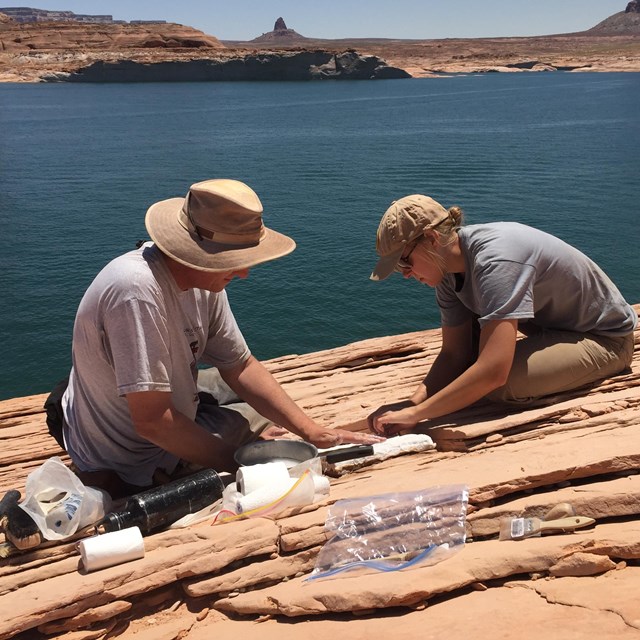 two people working on a fossil site near lake
