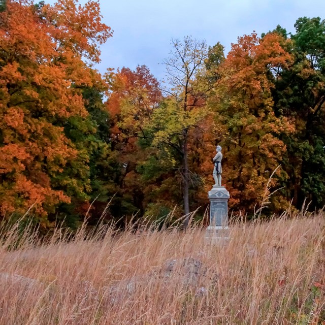 Monument in a field of grass with brightly colored trees behind.