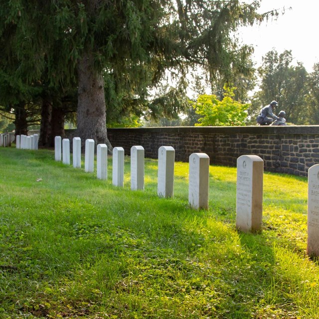 Two rows of stone headstones on grassy area with stone wall on the right.