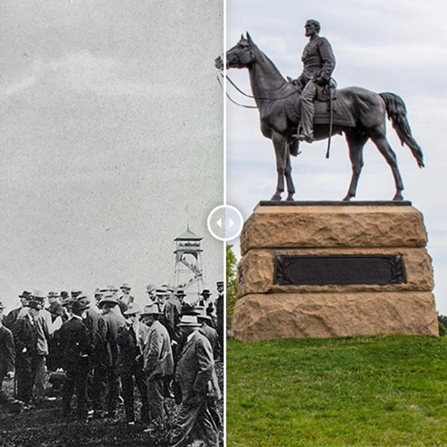 Split picture. Veterans visiting a large equestrian monument. Left is black & white, right is color.