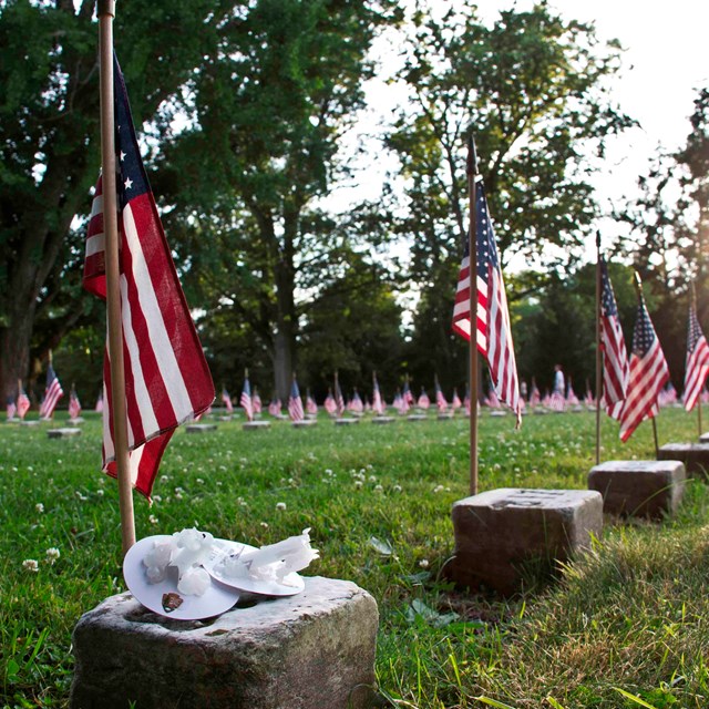 Every headstone within the Soldiers' National Cemetery is decorated with an American flag.