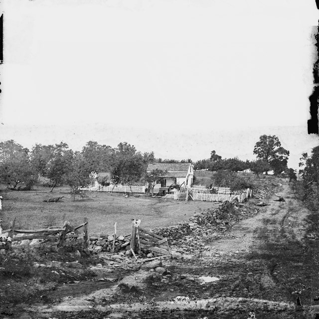 A historic view of Union Gen. Meade's headquarters after the battle. Damage has occurred in the area