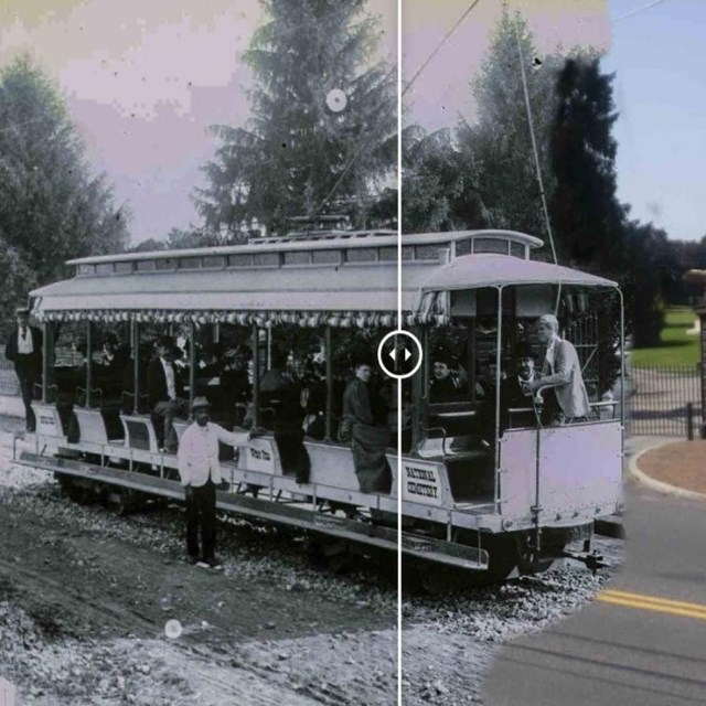 Split picture of Gettysburg electric railway trolley in front of the Gettysburg National Cemetery.