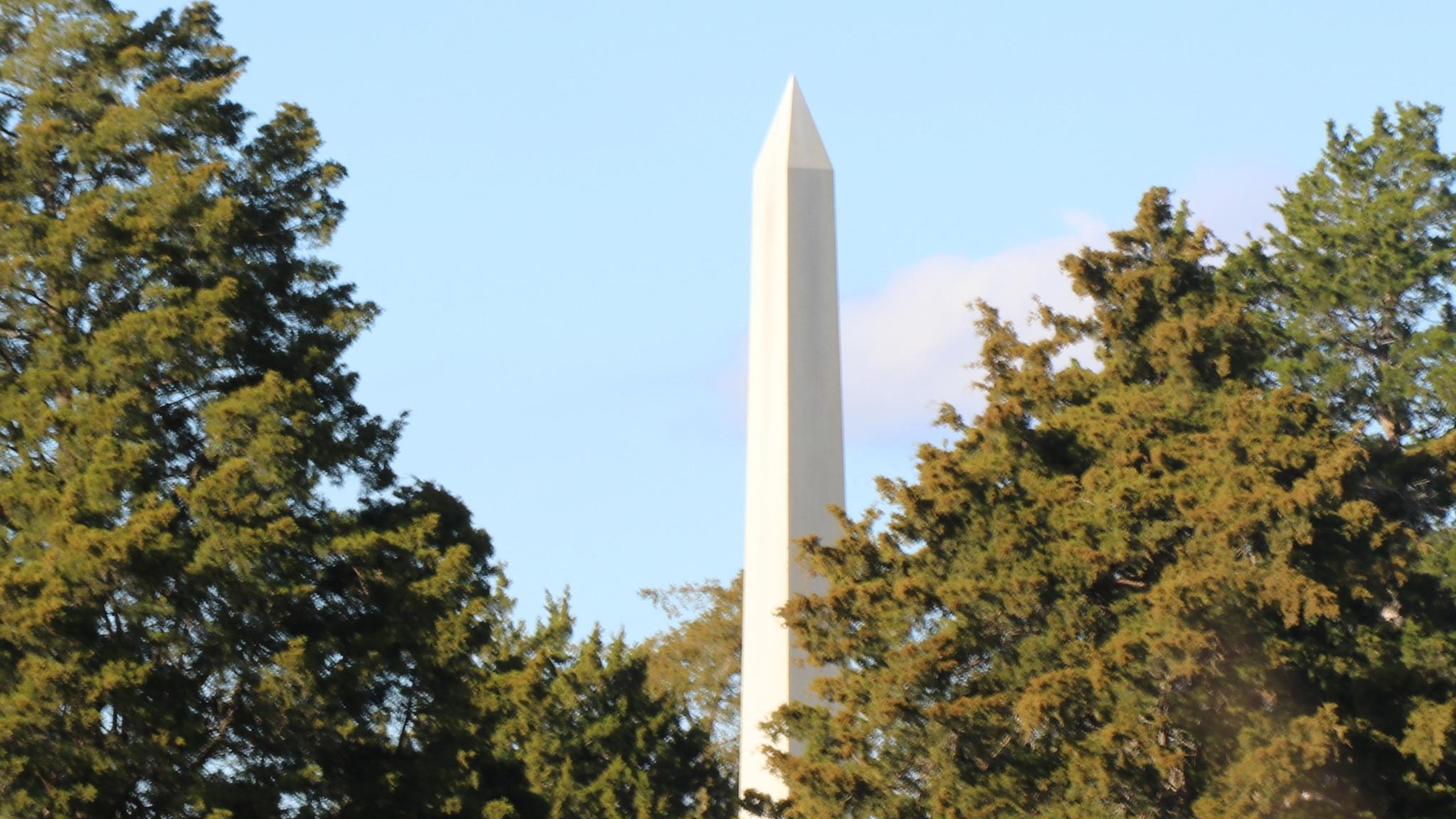 A white monument stretching over some trees
