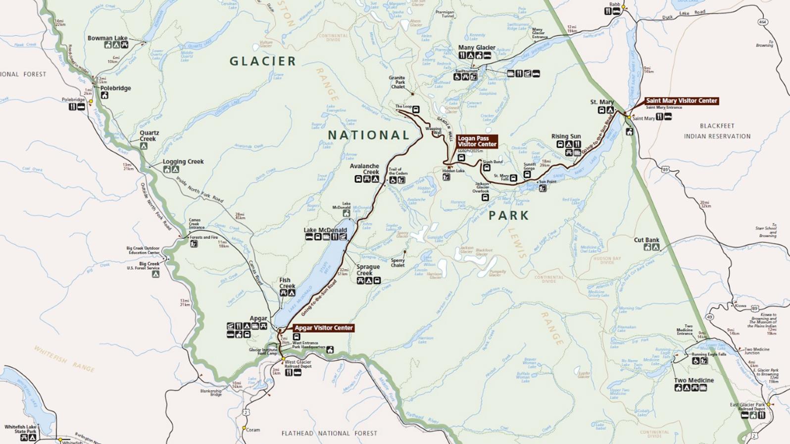 A map of Glacier with boundary lines, roadways, and trails all delineated by different colors. 