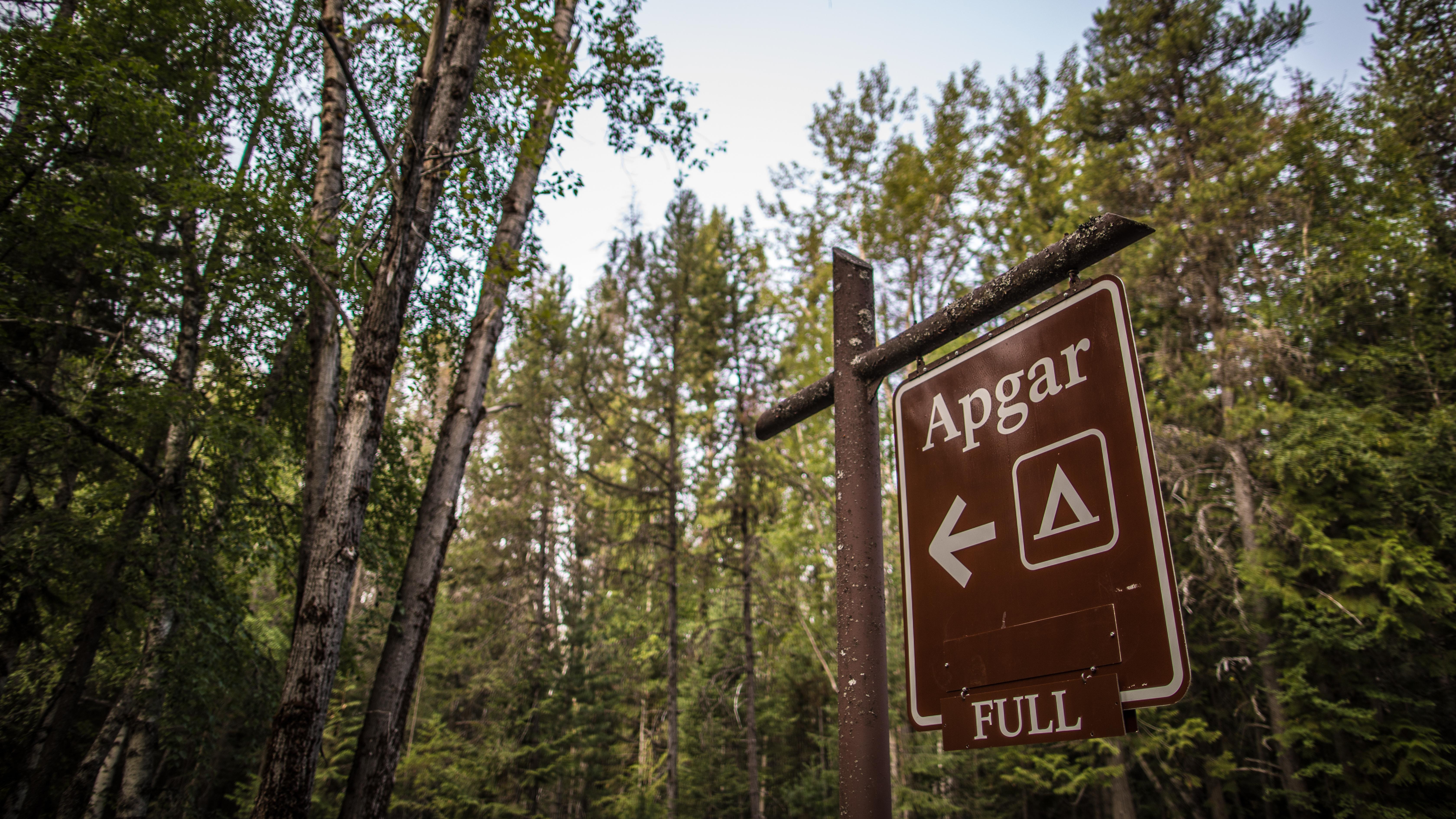 A hanging brown sign with white letters reads "Apgar Campground Full."