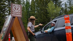 A ranger stands talking to a person in a car. 