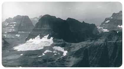 High perspective of a mountain landscape with a glacier