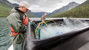Intern working on nets as part of the Quartz Lake Fish Project