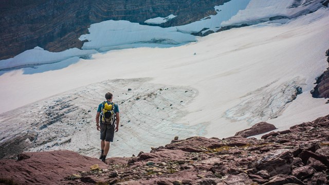 a person stands in front of a glacier