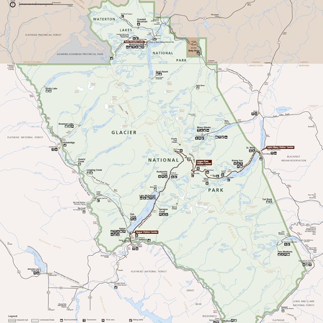 A map of Glacier with boundary lines, roadways, and trails all delineated by different colors. 