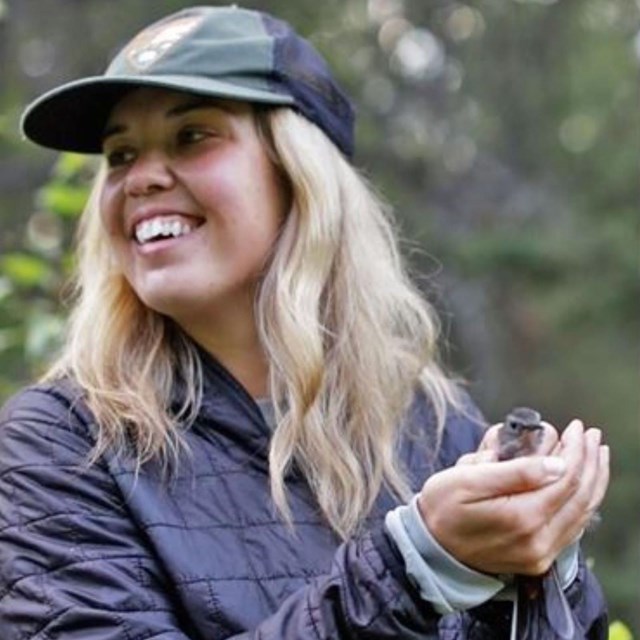 A woman with blonde hair wearing a national park service hat holds a small gray bird in her hands