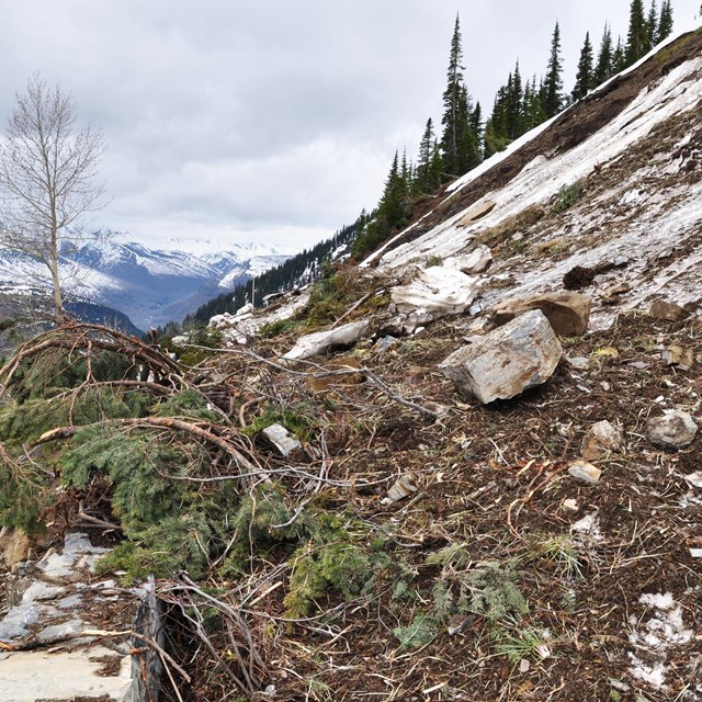 Pile of debris from rockslide pours over road retaining wall