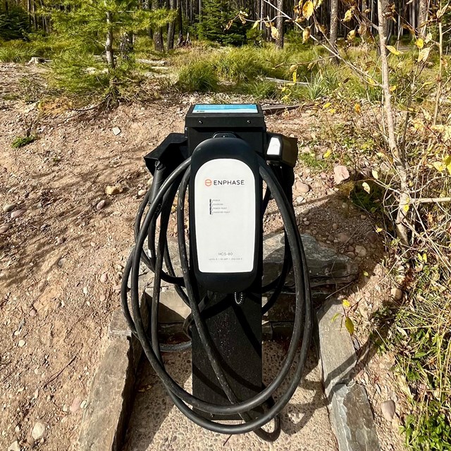 An electric vehicle charger on a paved surface with a forested background.