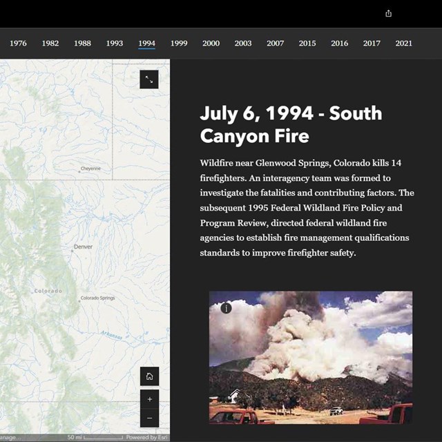 Screenshot of a browser showing a timeline bar, a map, and a photo of smoke. 