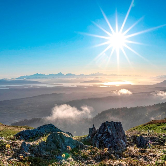a bright sun shines over a landscape with alpine rocks and moss. Glacier Bay in the distance.
