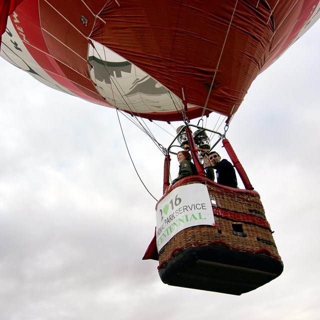 Ranger rides in a hot air balloon basket