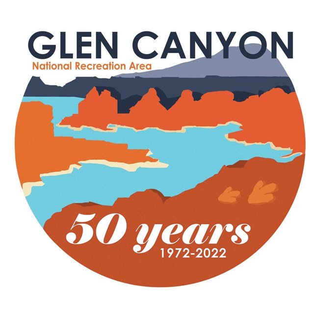 50th anniversary logo with illustrated red canyons, winding blue water, purple mesas and mountain 