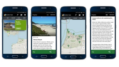 Four screenshots of the Golden Gate App