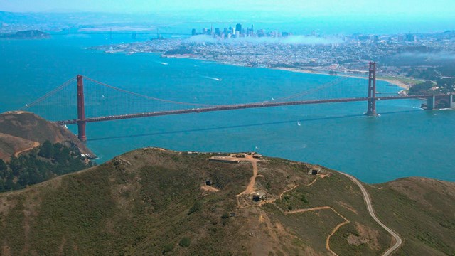 Aerial image of Hawk Hill and the Golden Gate.