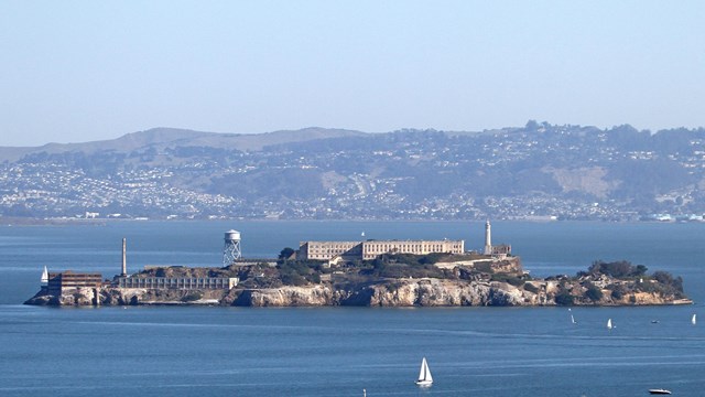 Alcatraz island from San Francisco with the Berkeley Hills behind