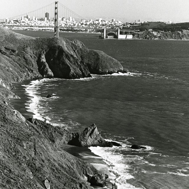 A view of the Golden Gate Bridge from the coast of Marin 