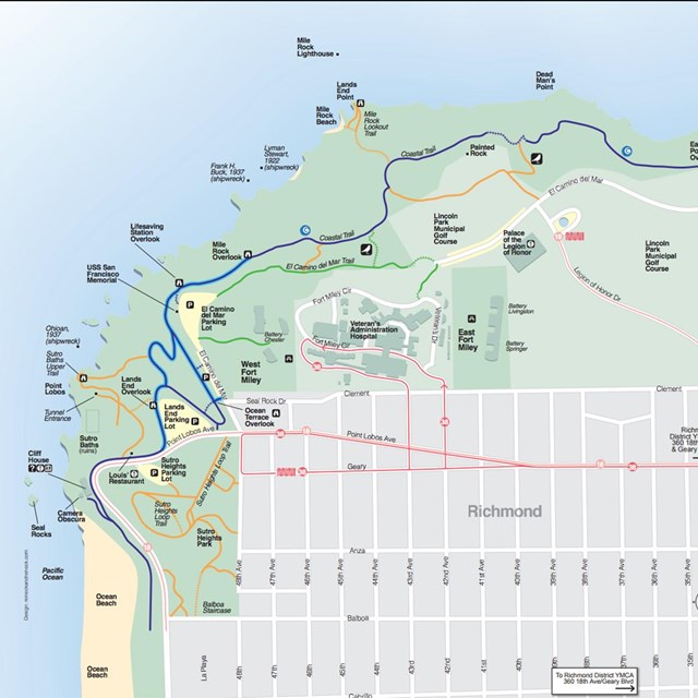thumbnail of map of lands end with visitor highlights, trails, and parking.