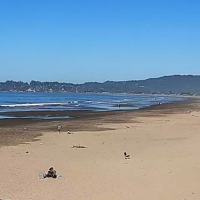 A sweeping view of a beach with people sitting in the sand.
