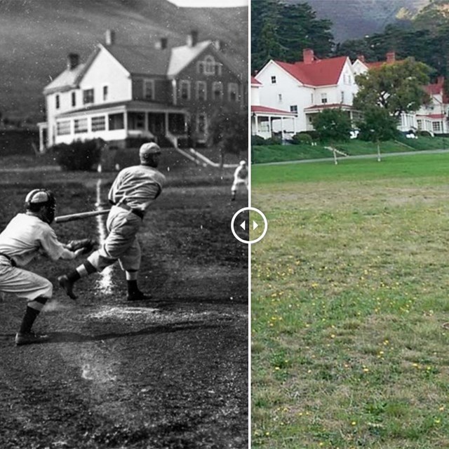 side by side image of former baseball field and what it looks like today