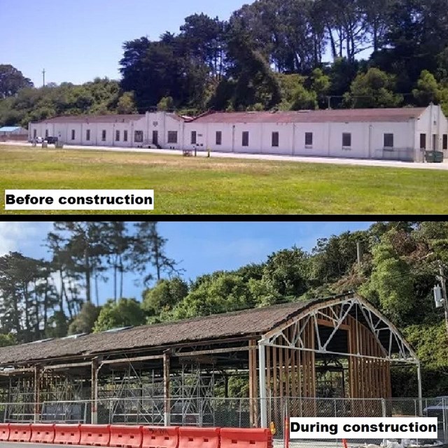 Two photos comparing building 643 before and after construction showing the structure of the buildin