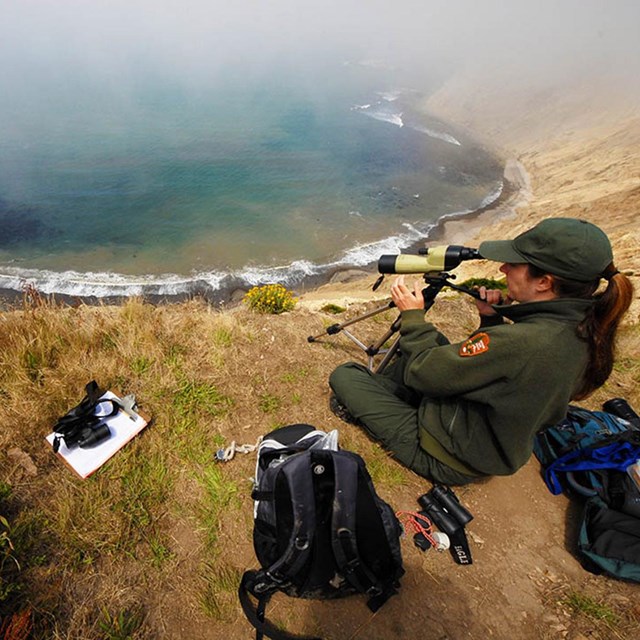 Researcher collects data on the edge of an overlook at Point Reyes.