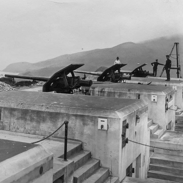 Historic photo of cannons at Fort Baker