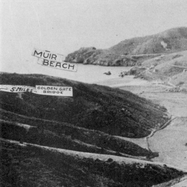 Old postcard with photo of valley leading down to Muir Beach.