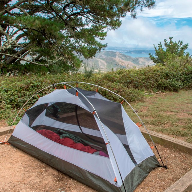 A tent is set up on a tent pad, surrounded by trees.