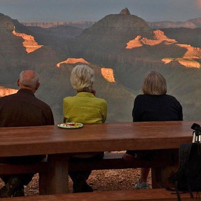 Three seniors sitting on a park bench gaze at the Grand Canyon.