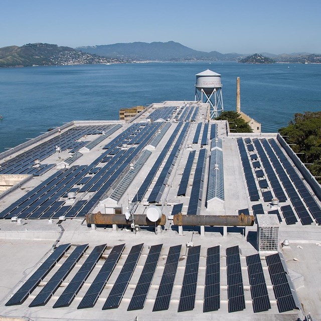 Aerial image of solar panels on Alcatraz cellhouse.
