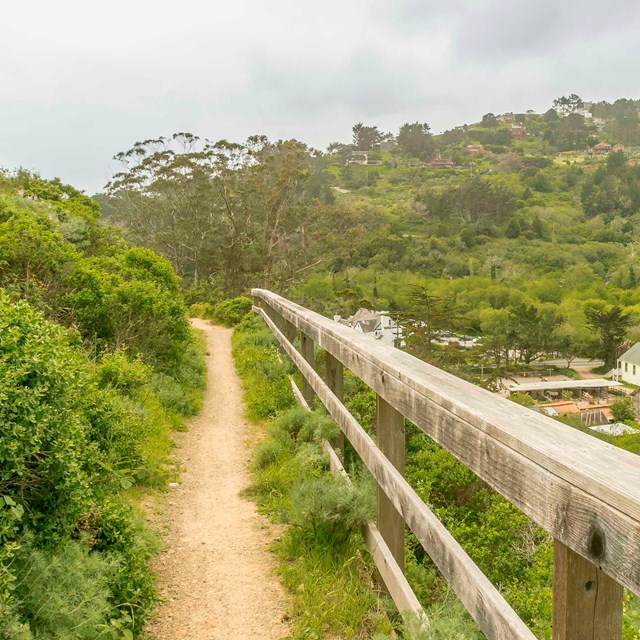 A trail runs between a chaparal covered hillside and a wooden fence. It overlooks the valley below. 