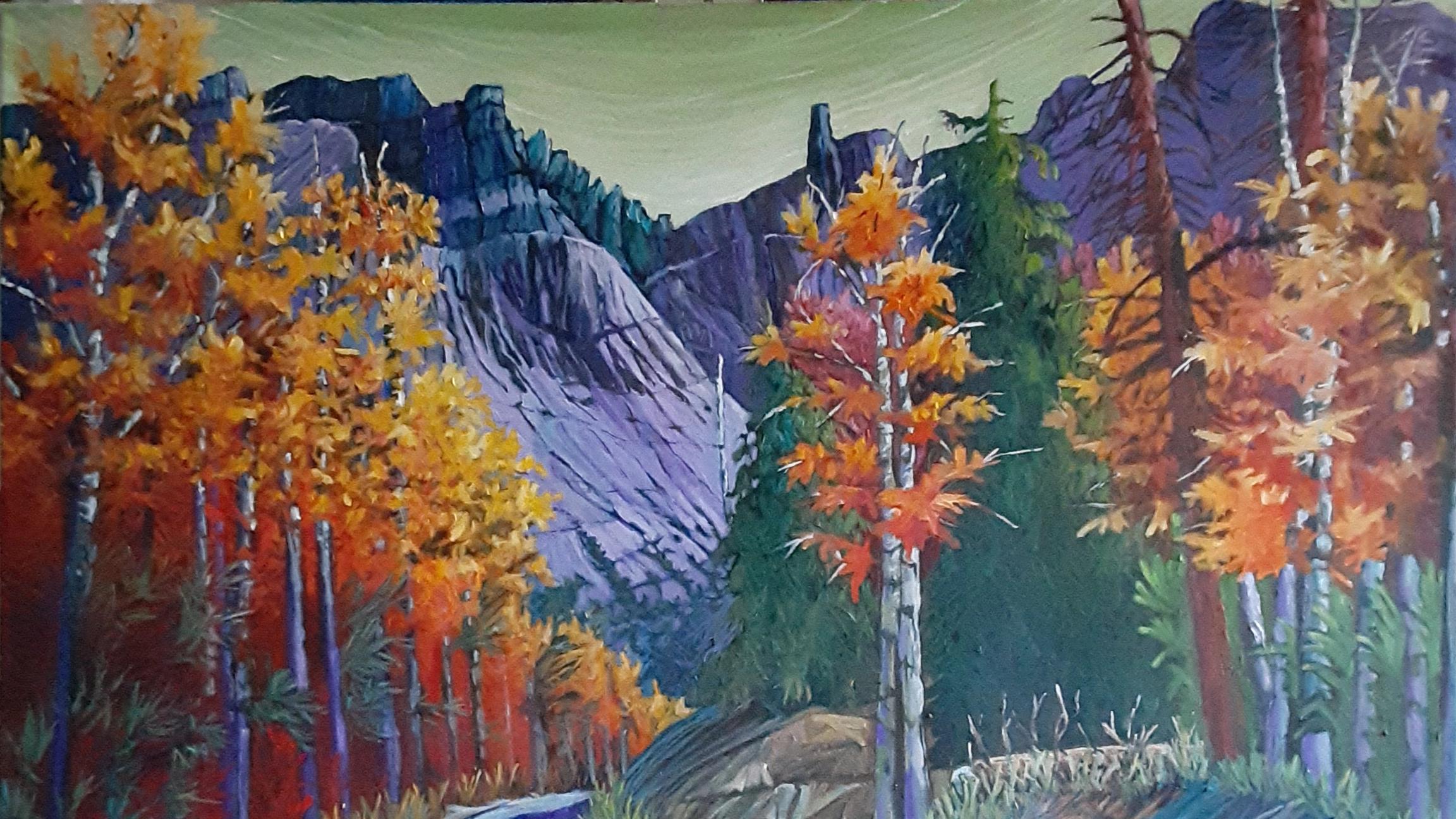 A color painting of a road surrounded by trees with orange canopies. On the near horizon is a mounta