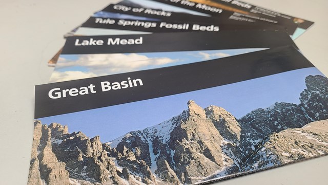 The Great Basin National Park Brochure lays on top of a fanned-out stack of other park brochures.